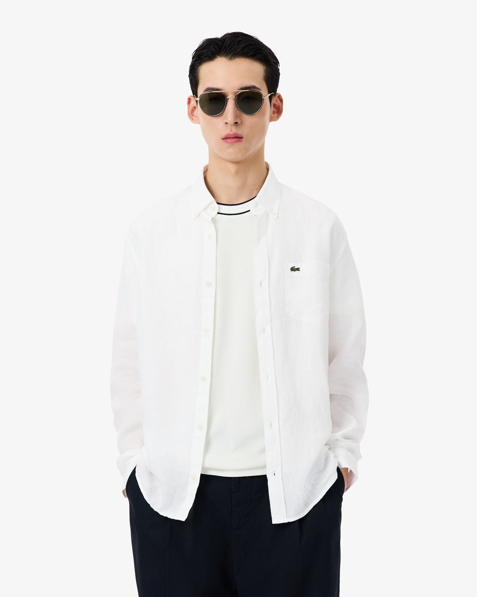 Lacoste Regular Fit Long Sleeve Mens Linen Shirt - White 001
