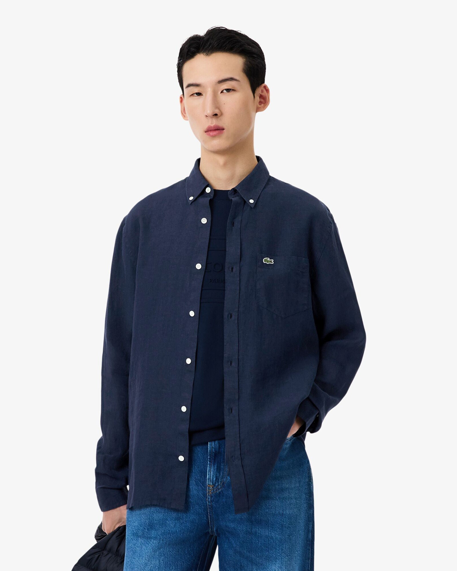 Lacoste Regular Fit Long Sleeve Mens Linen Shirt - Navy Blue 166